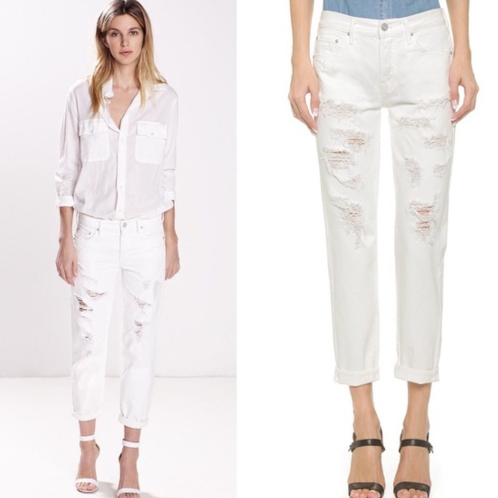 MOTHER Denim White Jeans‎ The Loosey Distressed High Rise Boyfriend Women’s 28